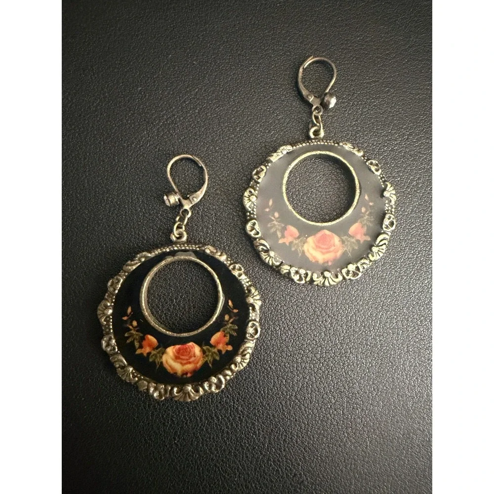 Vintage Earrings Floral Enamel Dangle Drop Black